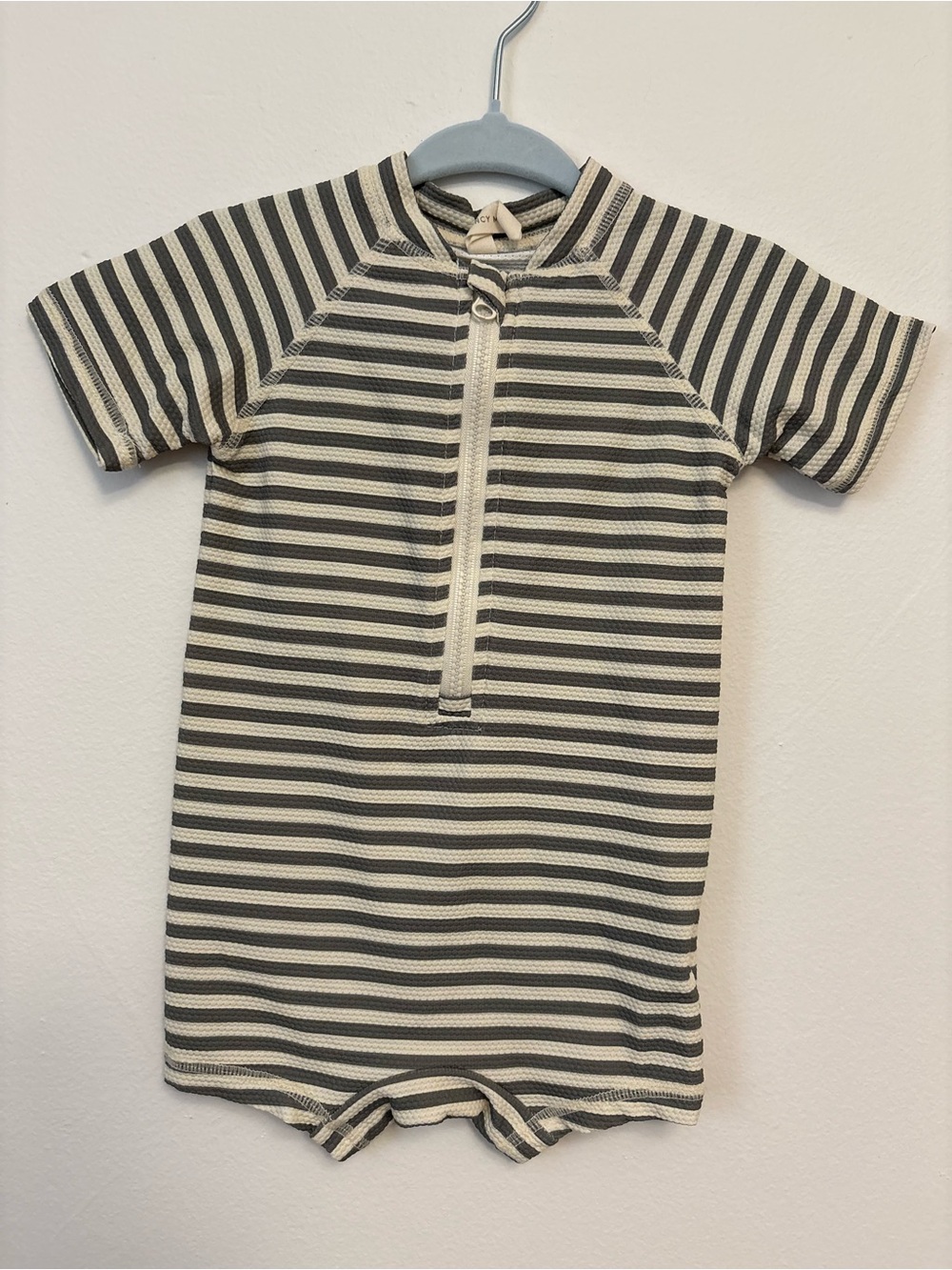 Quincy Mae Cream and Dark Green Striped Short-Sleeve Swimsuit